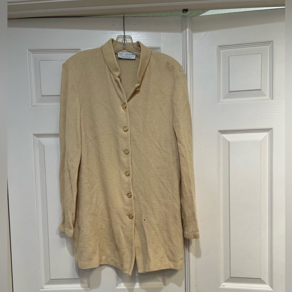 St. John Santana Knit Yellow Gold Ivory Knit Cardigan Blazer Dress medium
